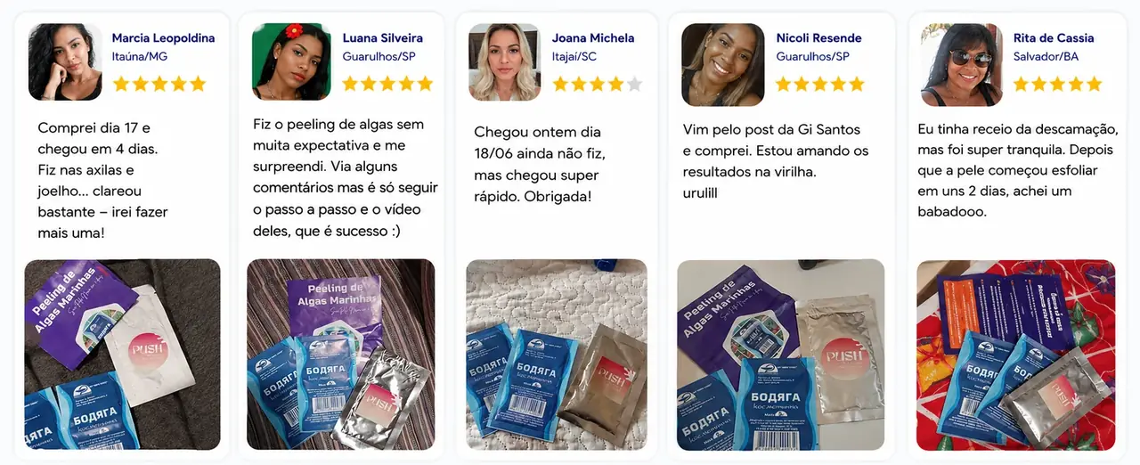 Depoimentos reais de compradores BODYAGA com avaliações, fotos e kits recebidos